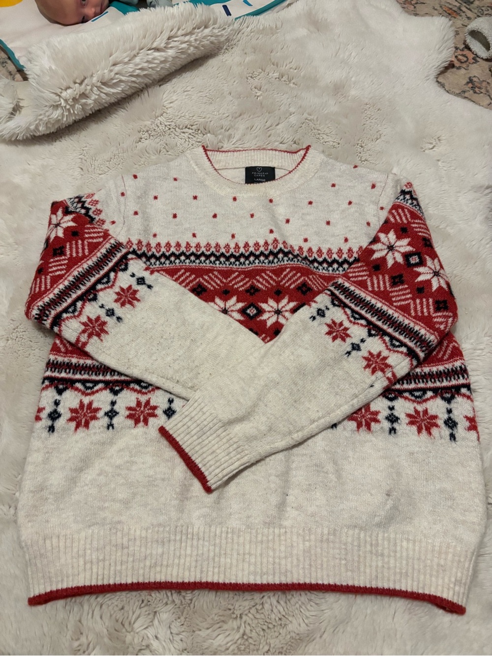 Primark White Crewneck Sweater with Red & Navy Fair Isle